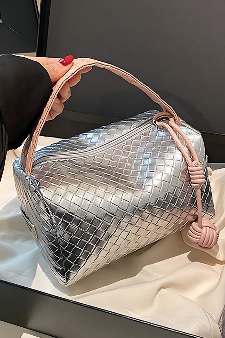 Lattice Texture Corded Ball Decor Weaven Handle Cosmetic Bag