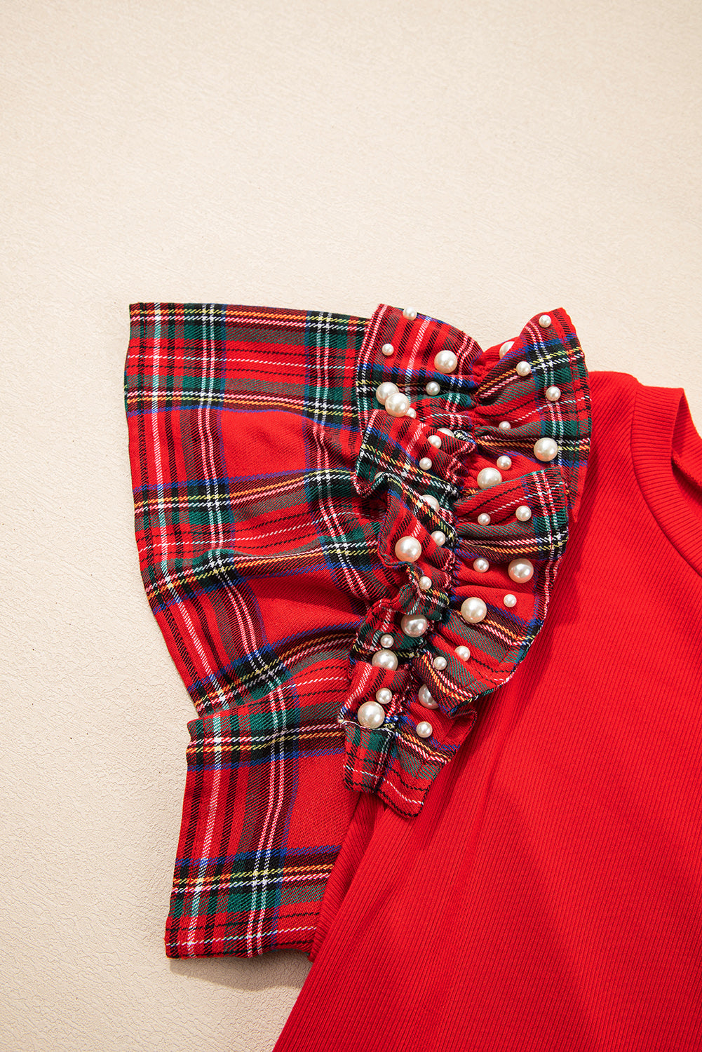 Plaid Pearl Ruffle Short Sleeve Loose T Shirt