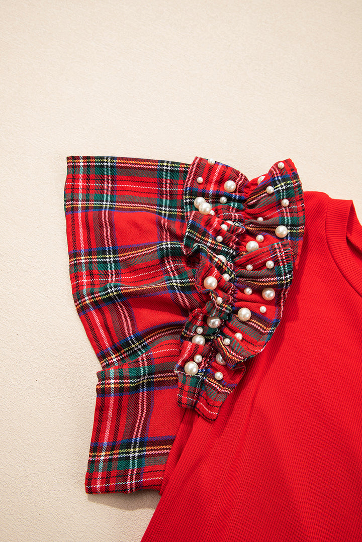 Plaid Pearl Ruffle Short Sleeve Loose T Shirt
