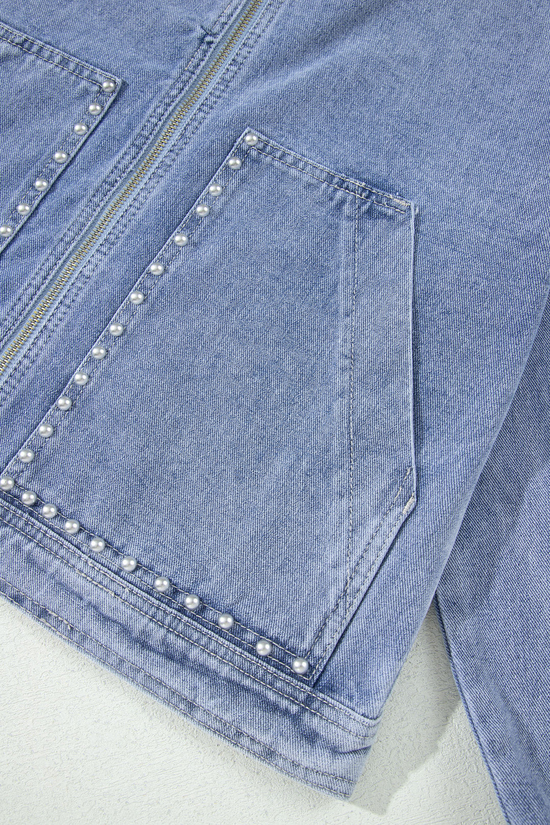 Beau Blue Studded Metal Zipper Rivet Pockets Denim Jacket