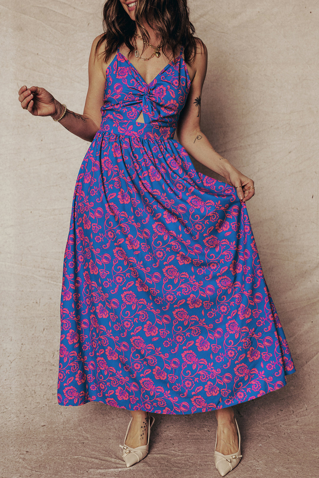 Floral Print Twisted V Neck Tied Backless Maxi Dress