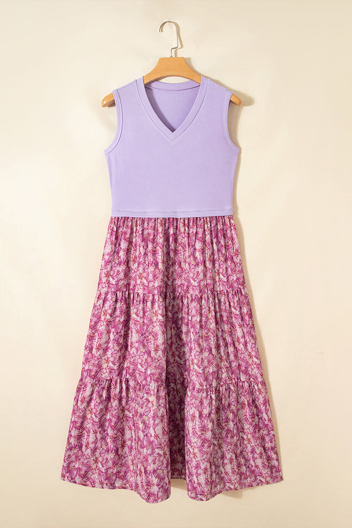 Purple Ribbed V Neck Tank Floral Contrast Long Dress
