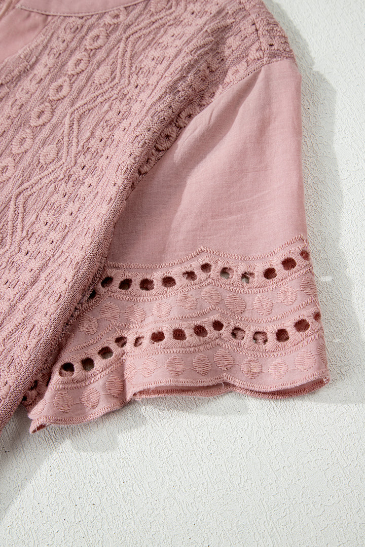 Textured Embroidered Half Buttons Short Sleeve Blouse