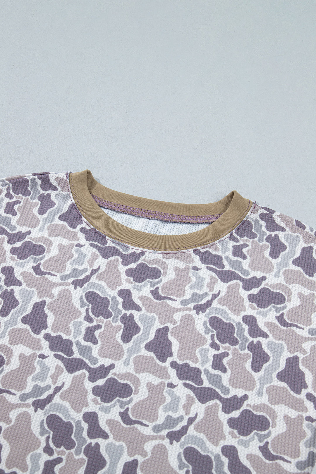 Khaki Camouflage Print Textured Knit Color Block Trim Long Sleeve Top