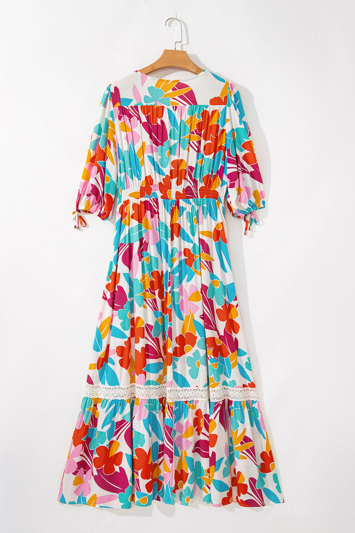 Floral Knot Puff Sleeve V Neck Buttoned Front Split Lace Maxi Dress