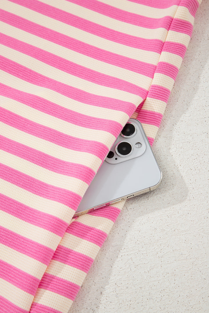 Pink Stripe Print Contrast Collar Split Neck Flutter Sleeve Short Dress