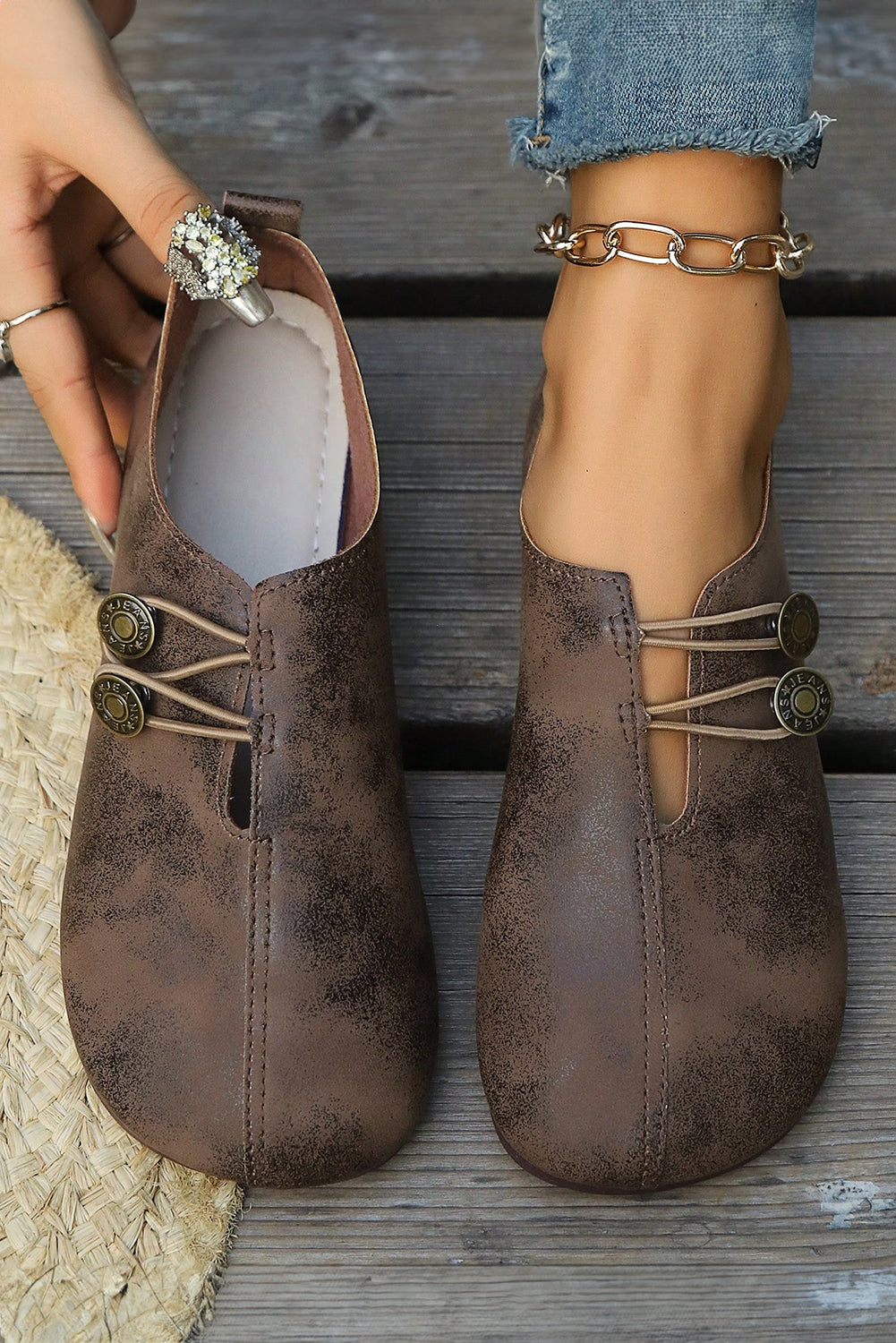 JEANS Button Detail Boho Vintage Faux Leather Loafer Shoes