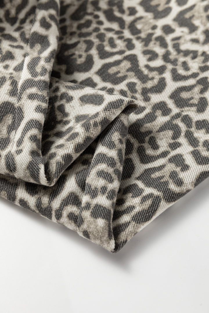 Brown Leopard Print Raw Hem Elastic Waist Loose Pull On Jeans