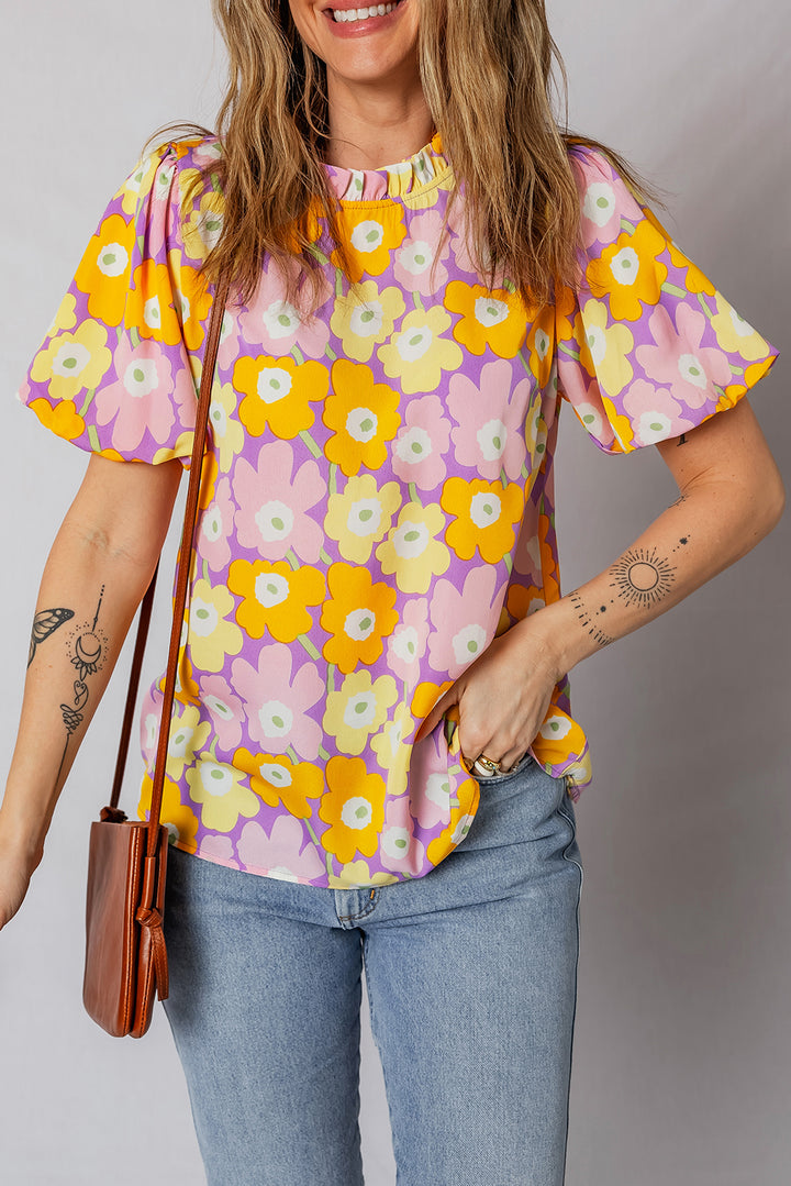 Frilled Neck Puff Short Sleeve Flower Top