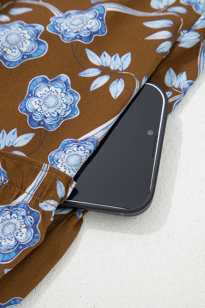 Brown Floral Print Ruffled Detail Shirt Collar Button Down Long Sleeve Dress