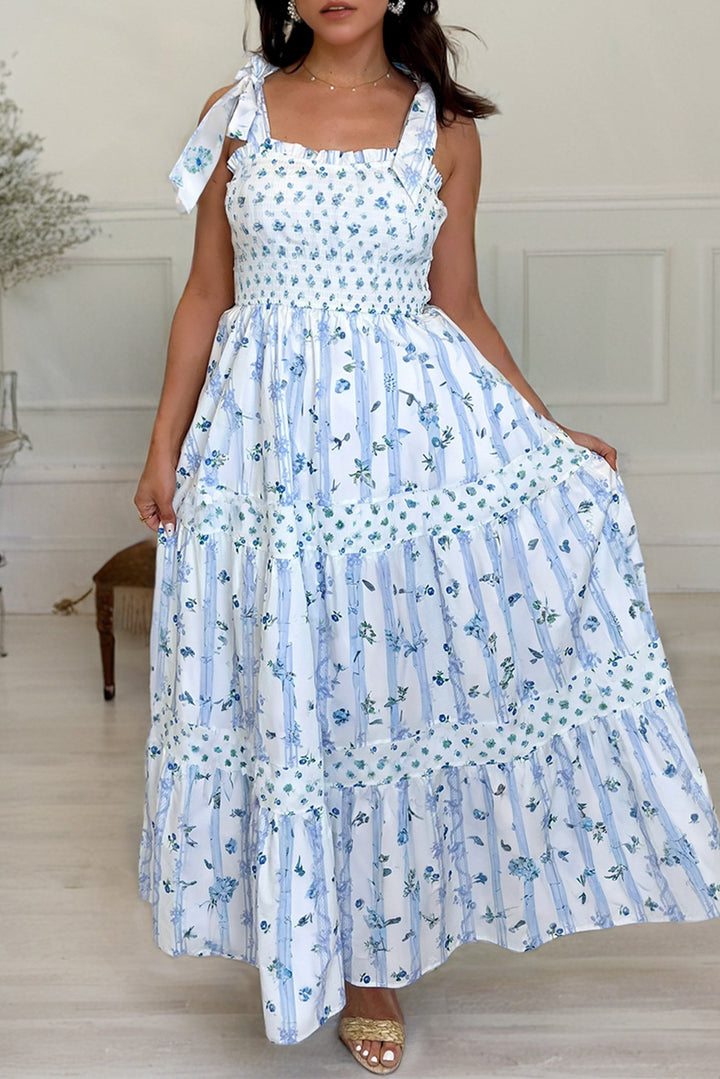 Floral Smocked Tied Straps A-Lined Tiered Maxi Dress