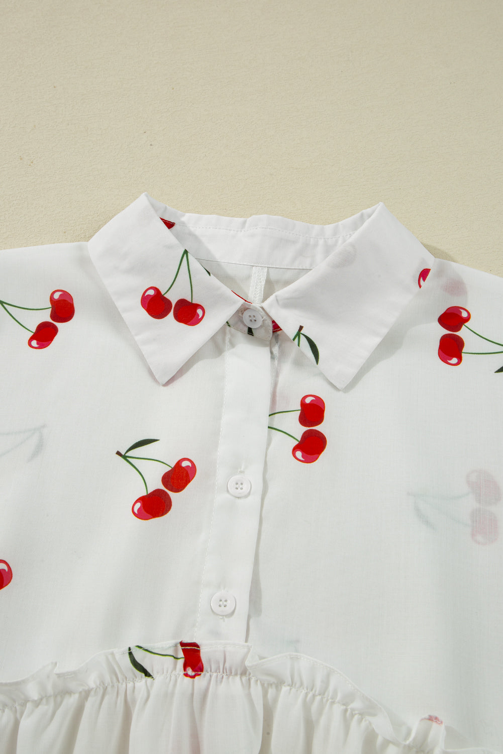 Cherry Print Flounce Sleeve Collared Frilled Babydoll Blouse