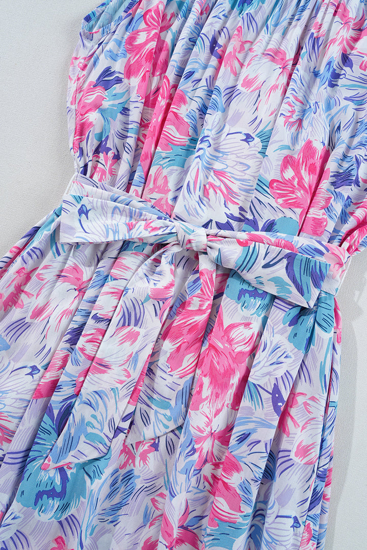 Floral Printed Sleeveless O Neck Knot Waist Maxi Dress