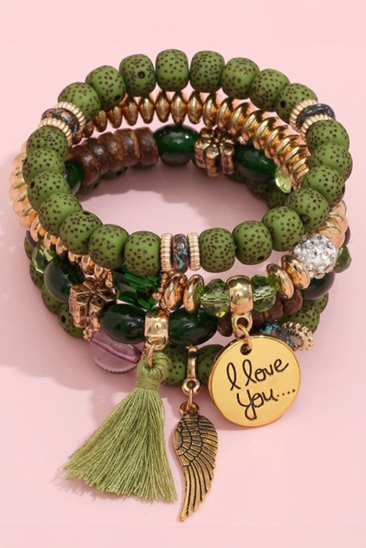 Ensemble de 4 bracelets bohèmes avec pendentifs en forme d'ailes et de disques