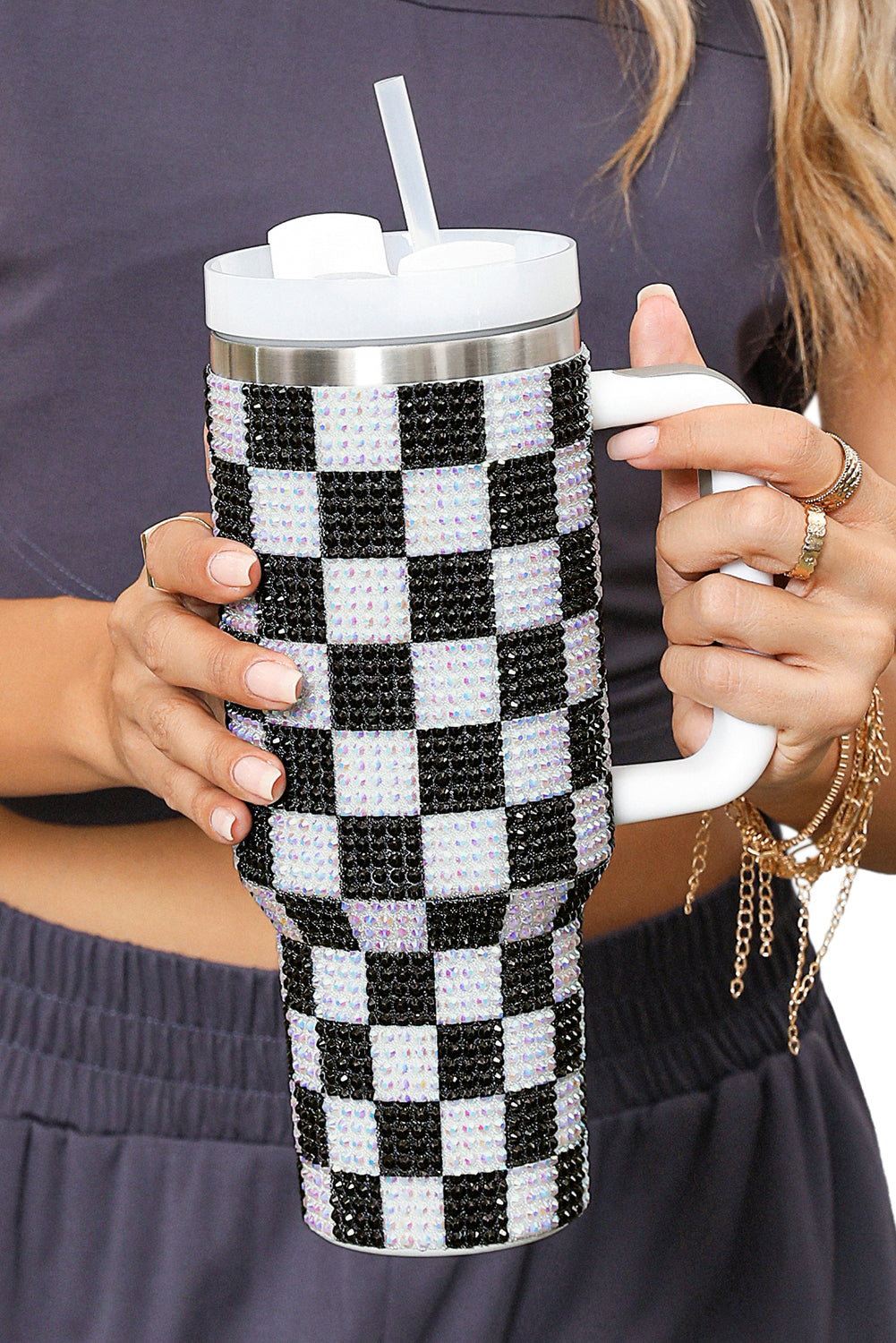 Full Rhinestone Checkerboard Handled Tumbler 40oz