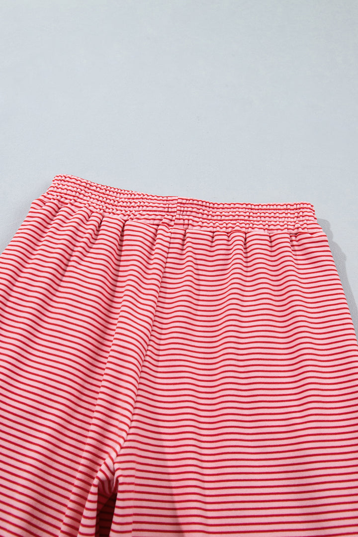 Pink Stripe Contrast Trim Round Neck Oversize Long Sleeve Top 2pcs Pant Set