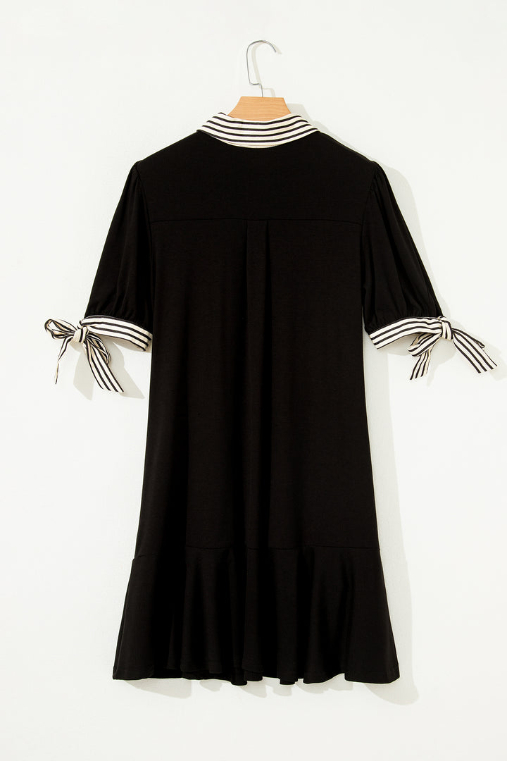 Stripe Detail Polo Collar Half Buttons Tied Short Sleeve Shift Mini Dress
