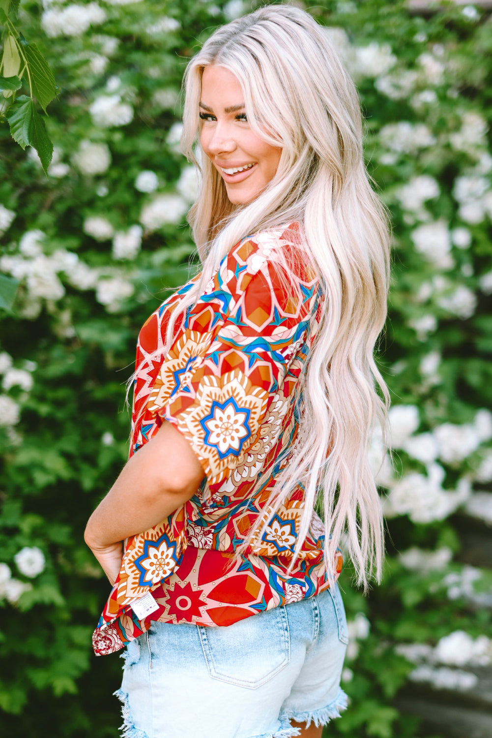 Floral Print Batwing Sleeve V Neck Blouse