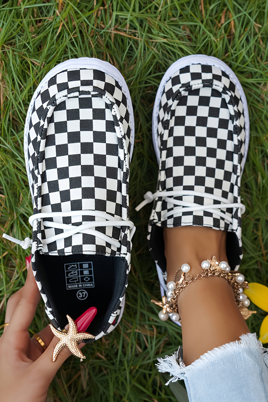 Checkered Print Lace-up Detail Flat Shoes
