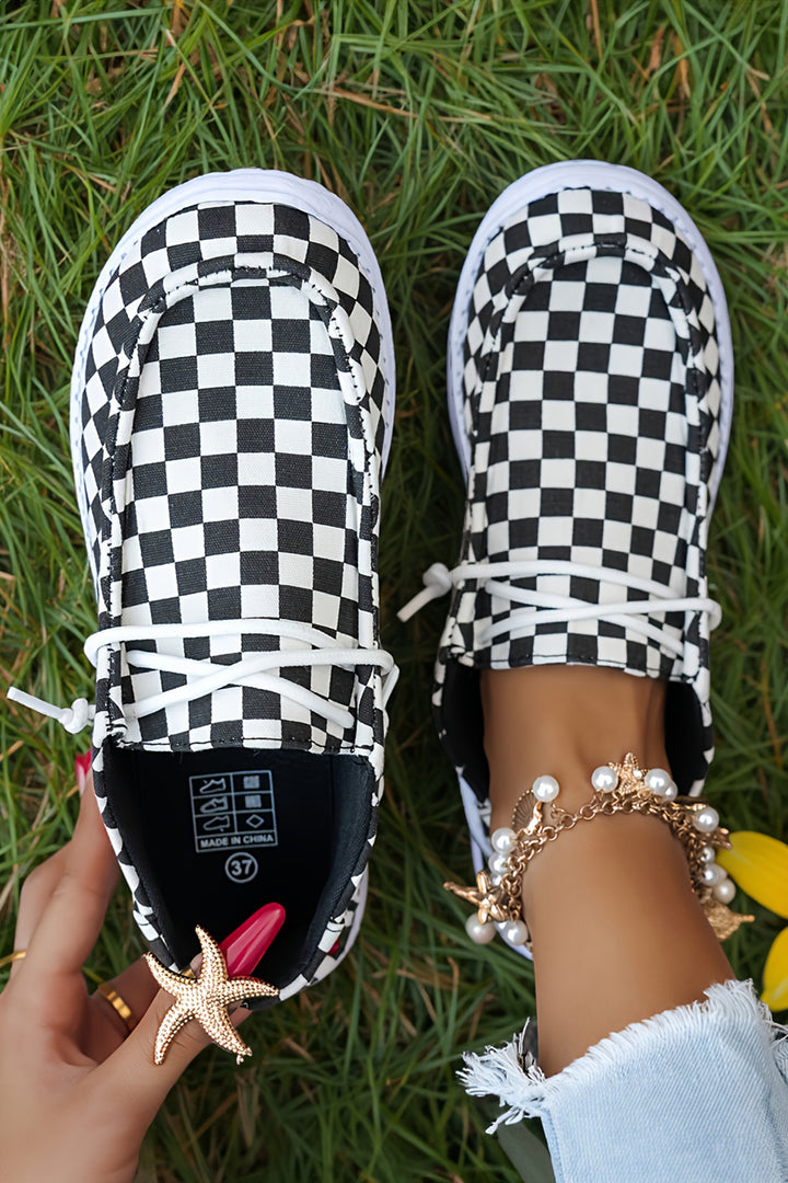 Checkered Print Lace-up Detail Flat Shoes