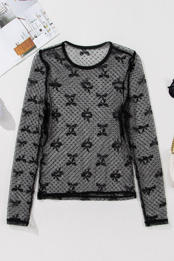 Bow Pattern Accent Mesh Long Sleeve Top