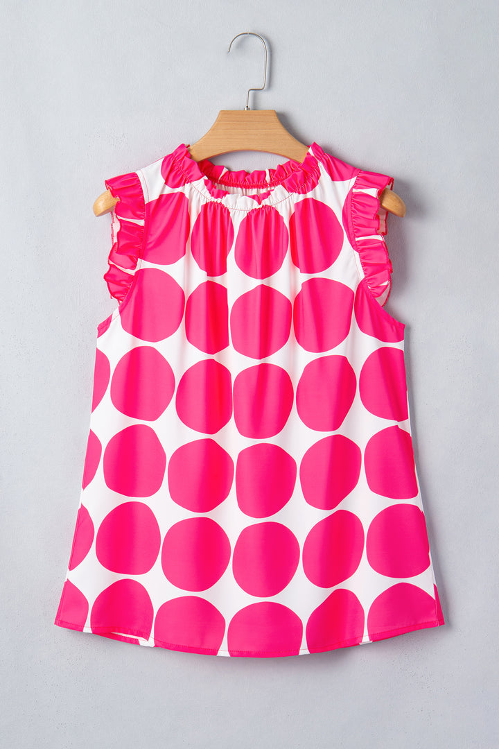 Rose Polka Dot Print Frilled Round Neck Shift Tank Top
