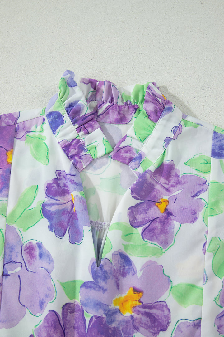 Purple Floral V Collar Short Sleeve Tiered Ruffle Mini Dress