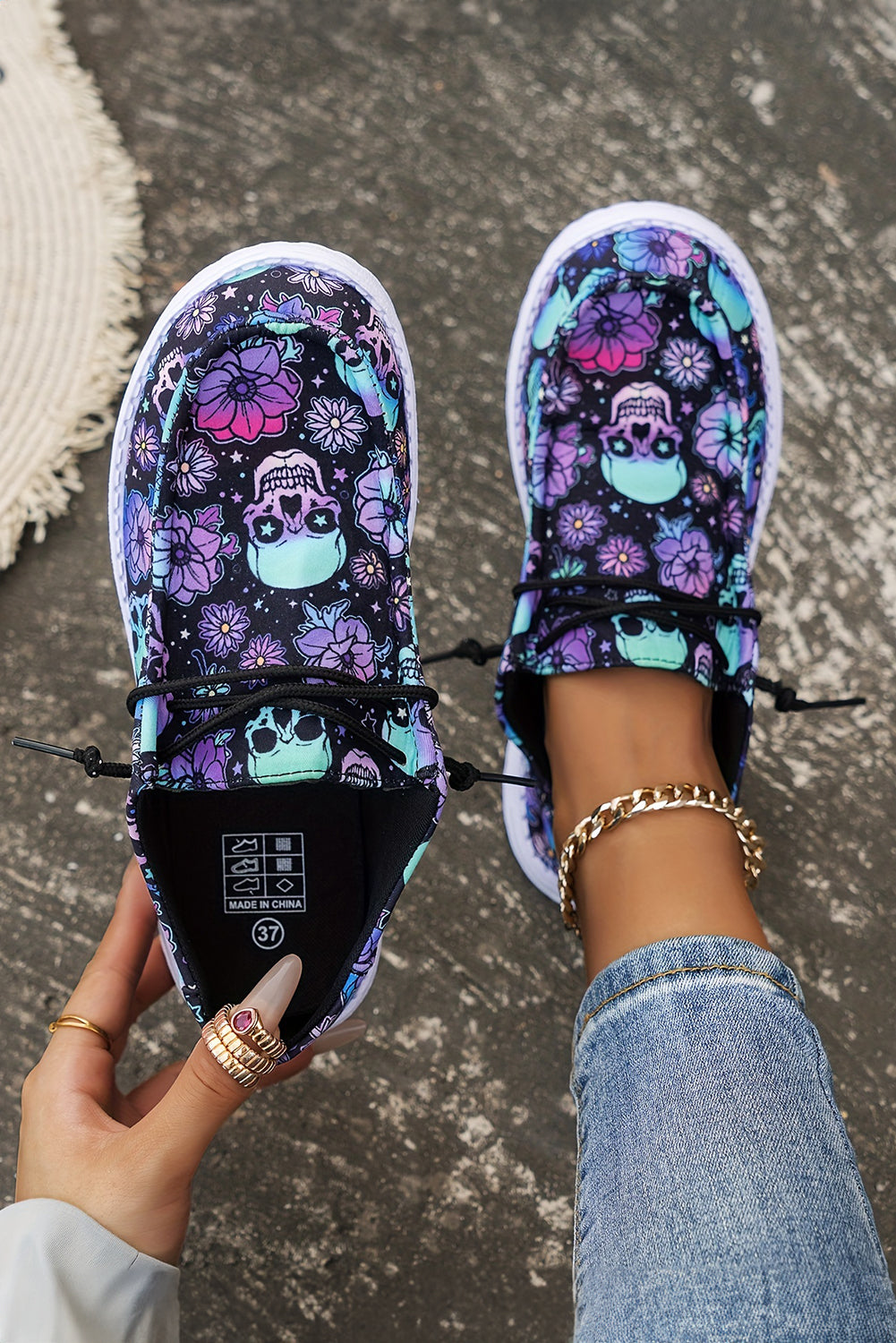 Sugar Skull Print Lace-up Detail Halloween Flat Shoes