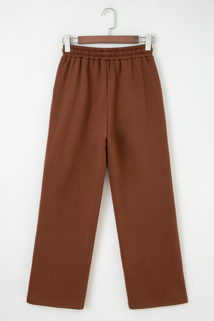Dearlovers Coffee Fleece Lined Leopard Drawstring Elastic Waist Solid Pants