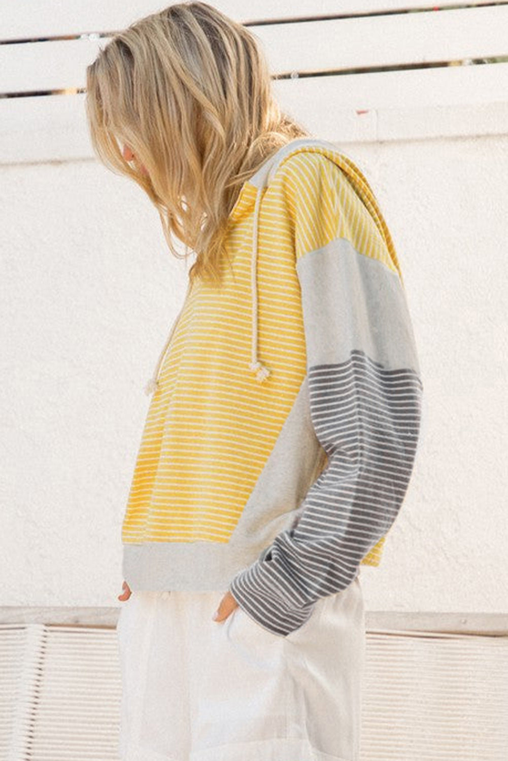 Color Block Drawstring V Neck Loose Fit Hooded Top