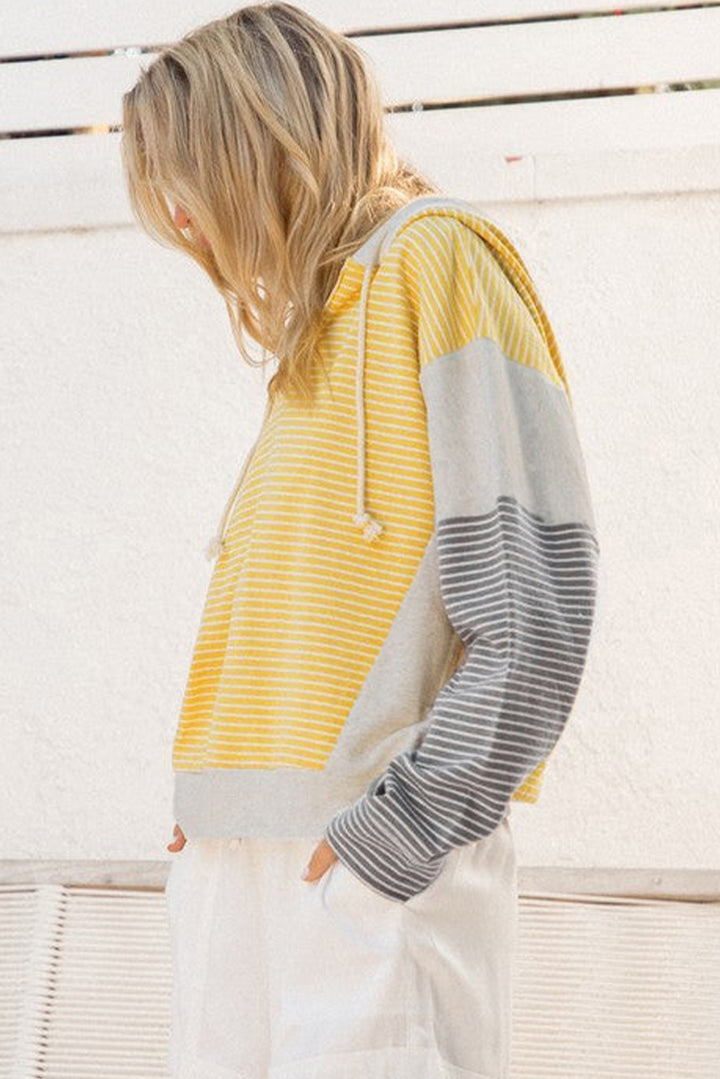 Color Block Drawstring V Neck Loose Fit Hooded Top
