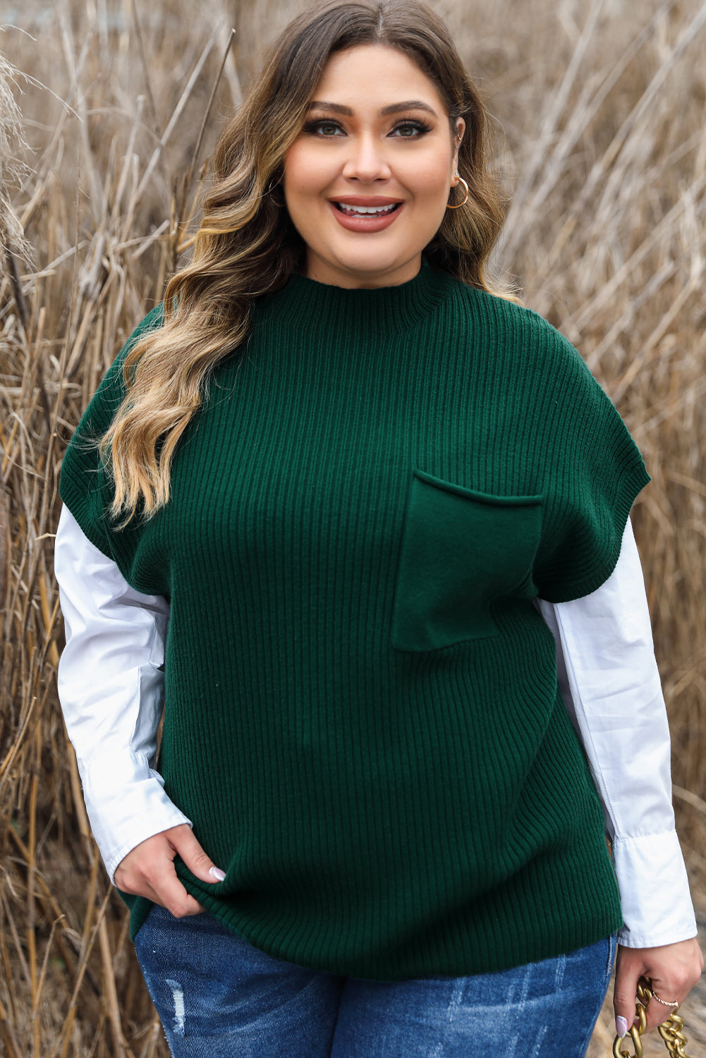 Plus Size Mock Neck Chest Pocket Short Sleeve Sweater