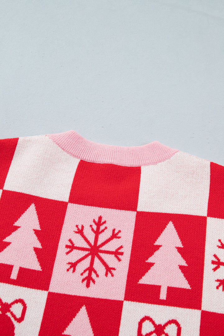 Pink Christmas Plaid Pullover Round Neck Long Sleeve Casual Fit Tunic Knitwear Sweater