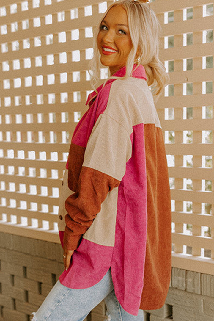 Rose Red Colorblock Curved Hem Corduroy Shacket