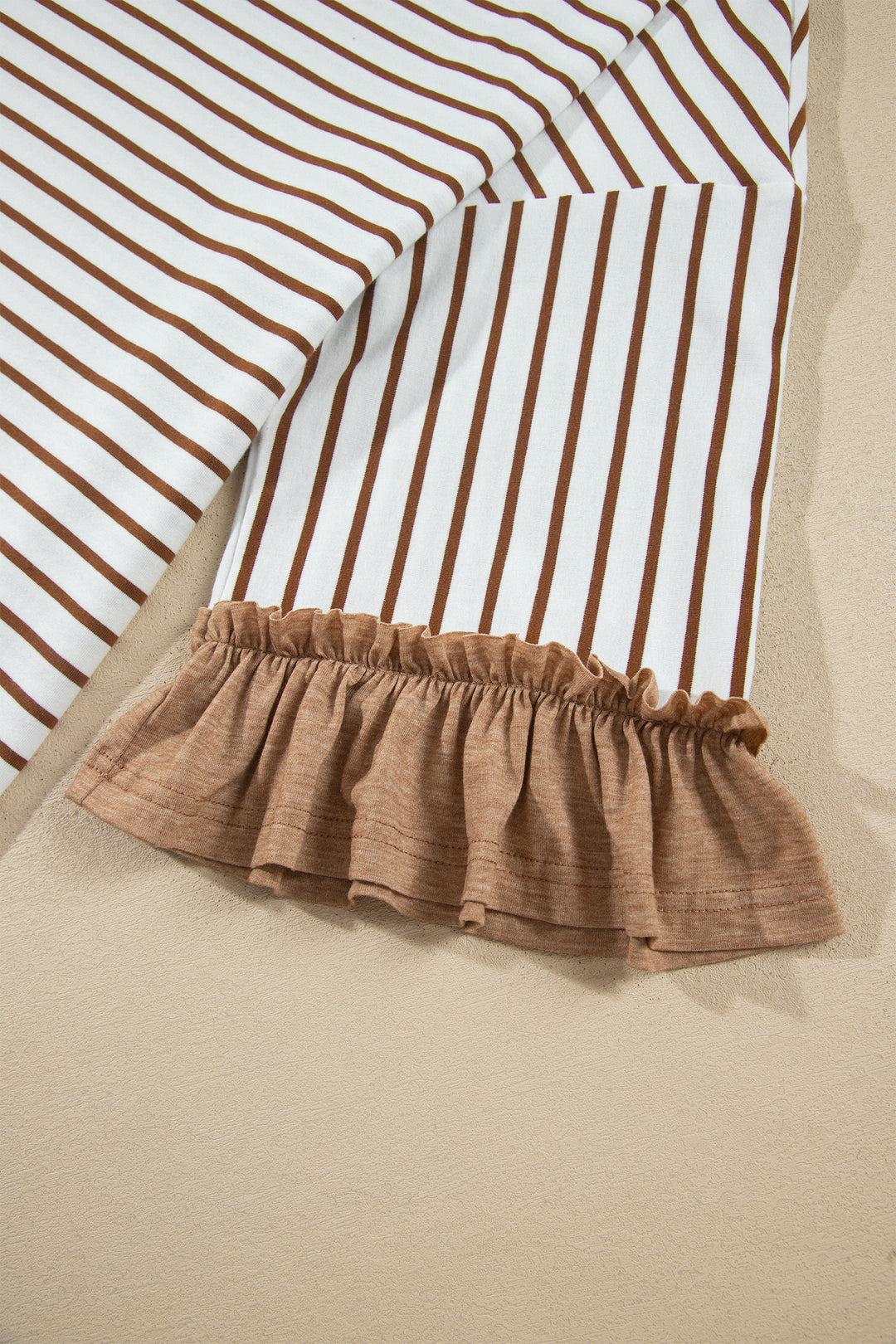 Khaki Stripe V Neck Ruffle Contrast Sleeve Top Drawstring Pants 2pcs Set