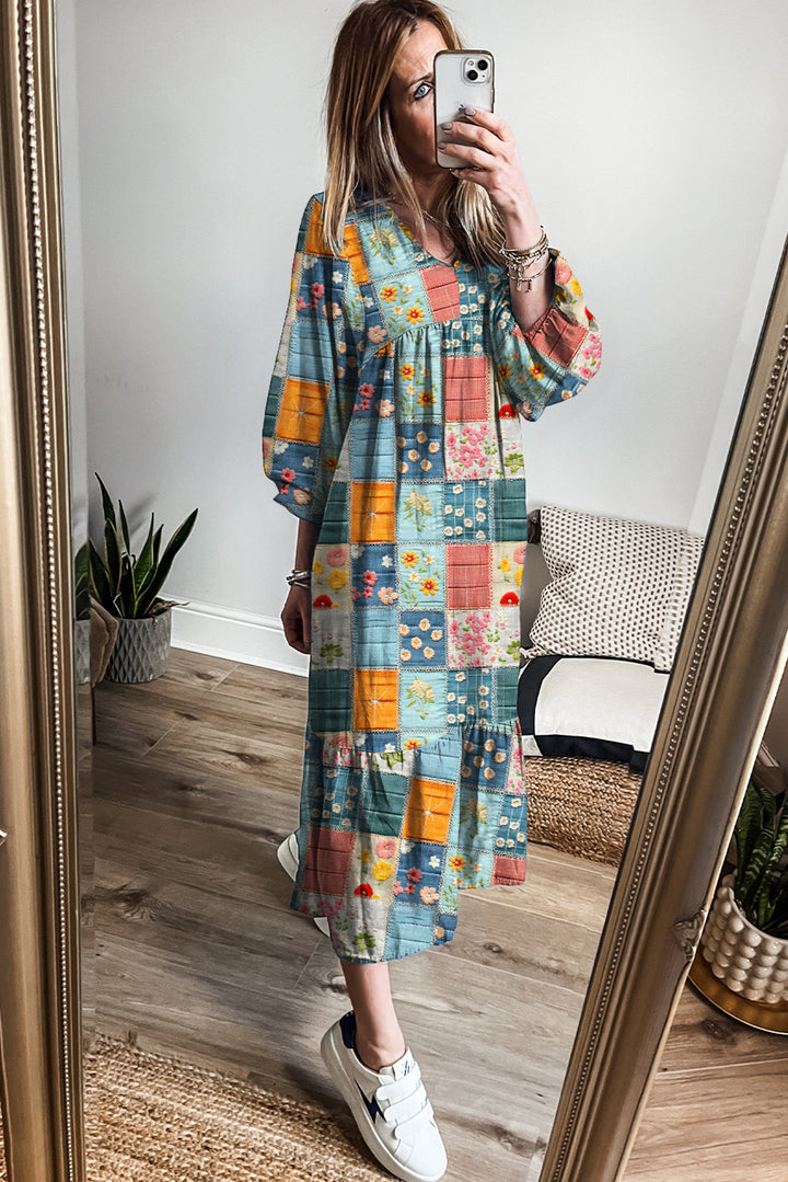 Mix Floral Checkered Pattern Bubble Sleeve Ruffle Hem Dress