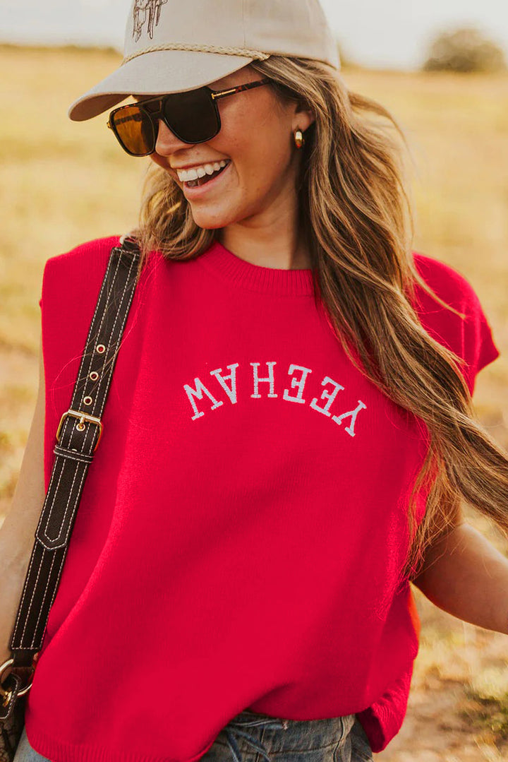 YEEHAW Embroidered Letter Loose Short Sleeve Sweater