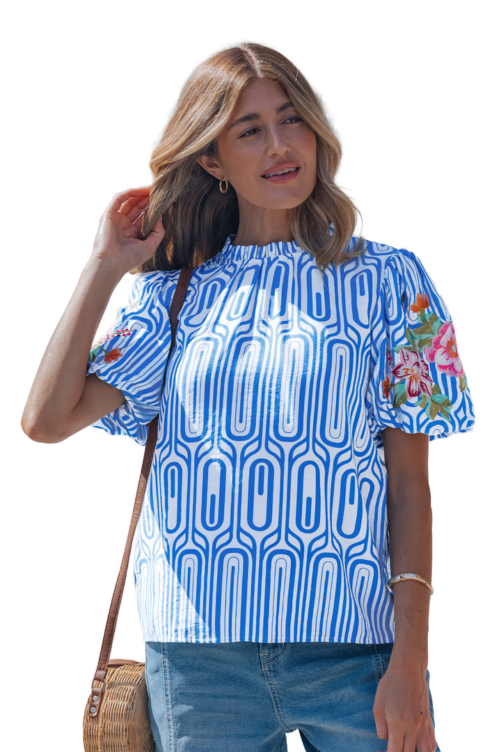 Sky Blue Unique Geometry Print Floral Embroidered Puff Sleeve Blouse