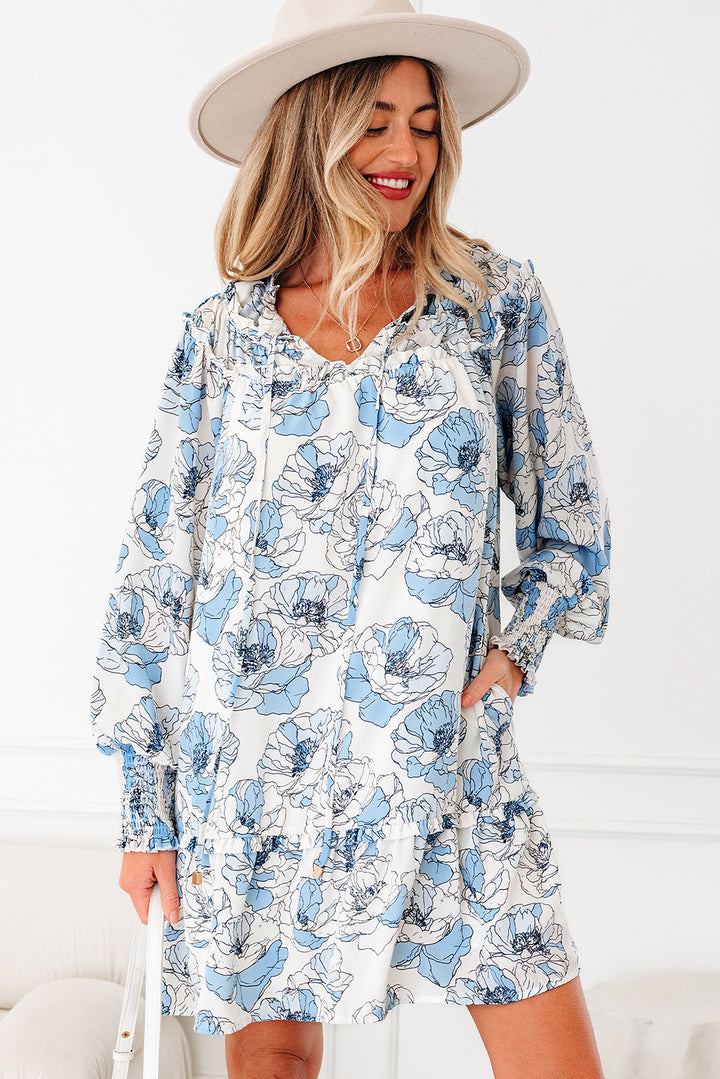 Floral Print Tie Neck Long Sleeve Flowy Mini Dress