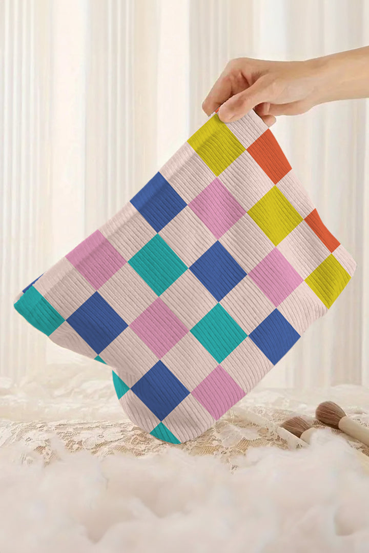 Color Block Checkered Zipper Corduroy Cosmetic Bag