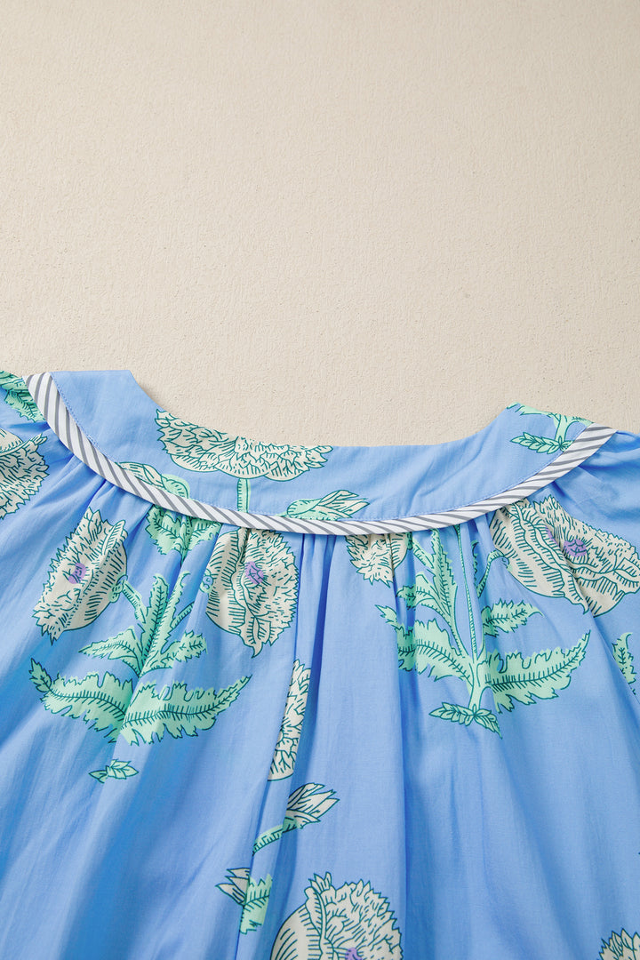 Sky Blue Plus Periwinkle Floral Printed Short Sleeve Mini Dress