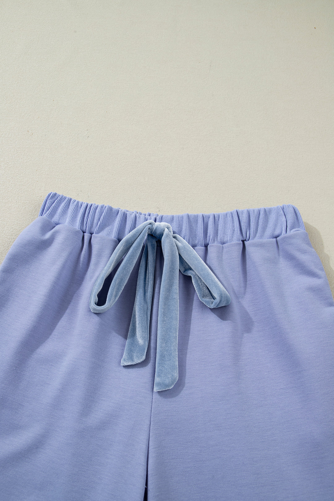 Beau Blue Flounce Long Sleeve Top Drawstring Pants Contrast Velvet Bow Knot 2pcs Lounge Set