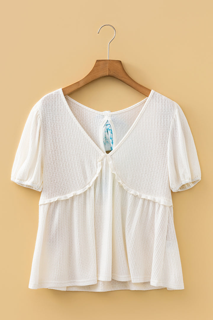 Textured Knit V Neck Short Bubble Sleeve Peplum Top