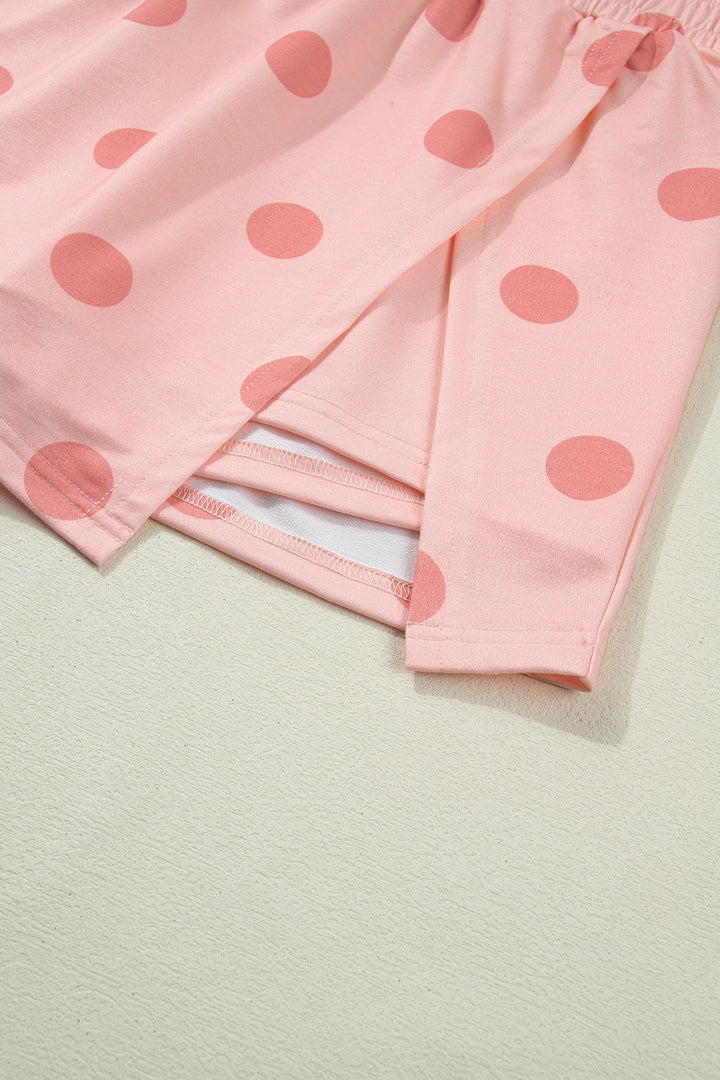 Pink Ribbed Trim Polka Dot Print Tank Split Mini Skort 2pcs Set