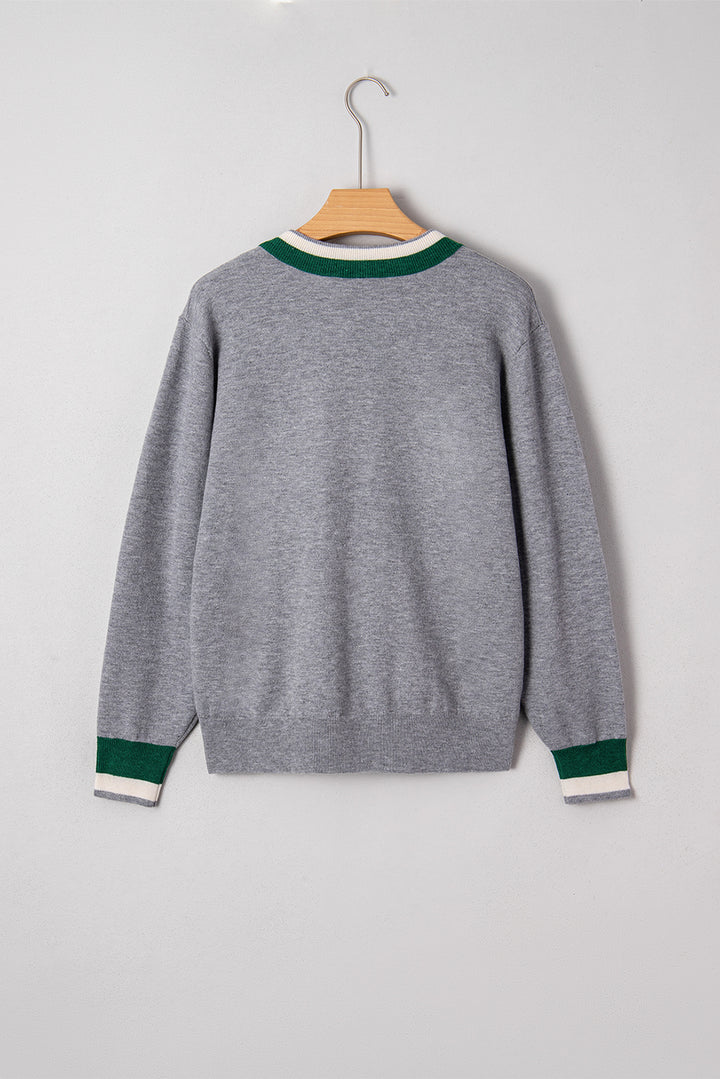 Contrast Striped Trim V Neck Varsity Sweater