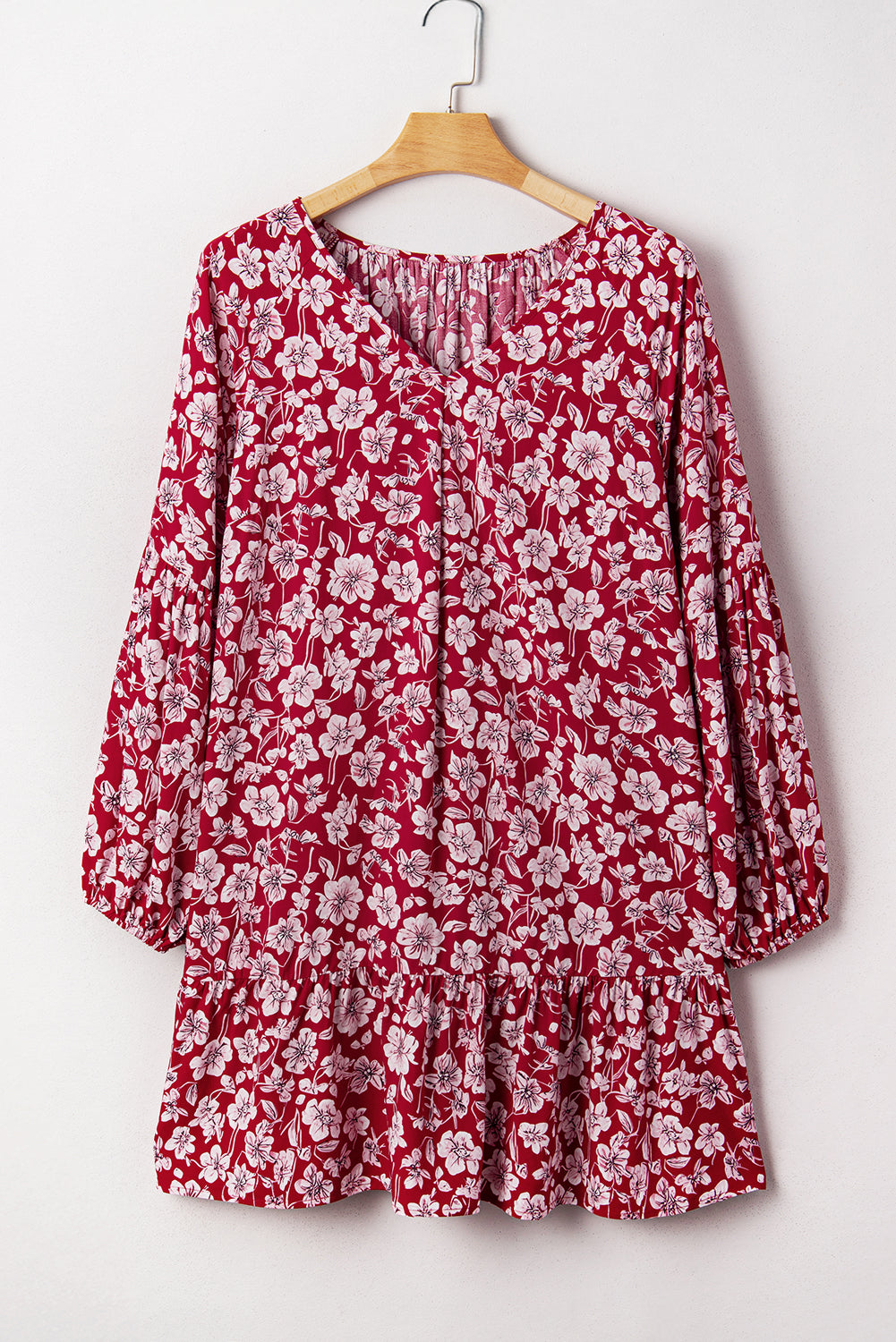 Purple Floral Balloon Sleeve V Neck Relaxed Plus Size Dress
