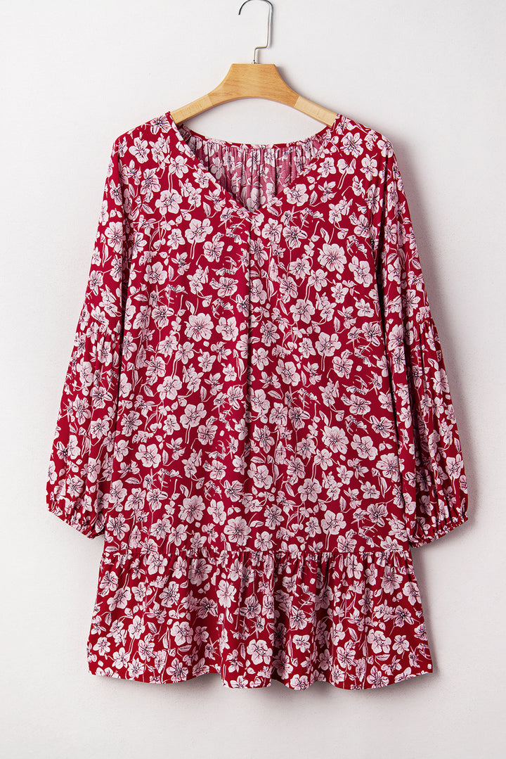 Purple Floral Balloon Sleeve V Neck Relaxed Plus Size Dress