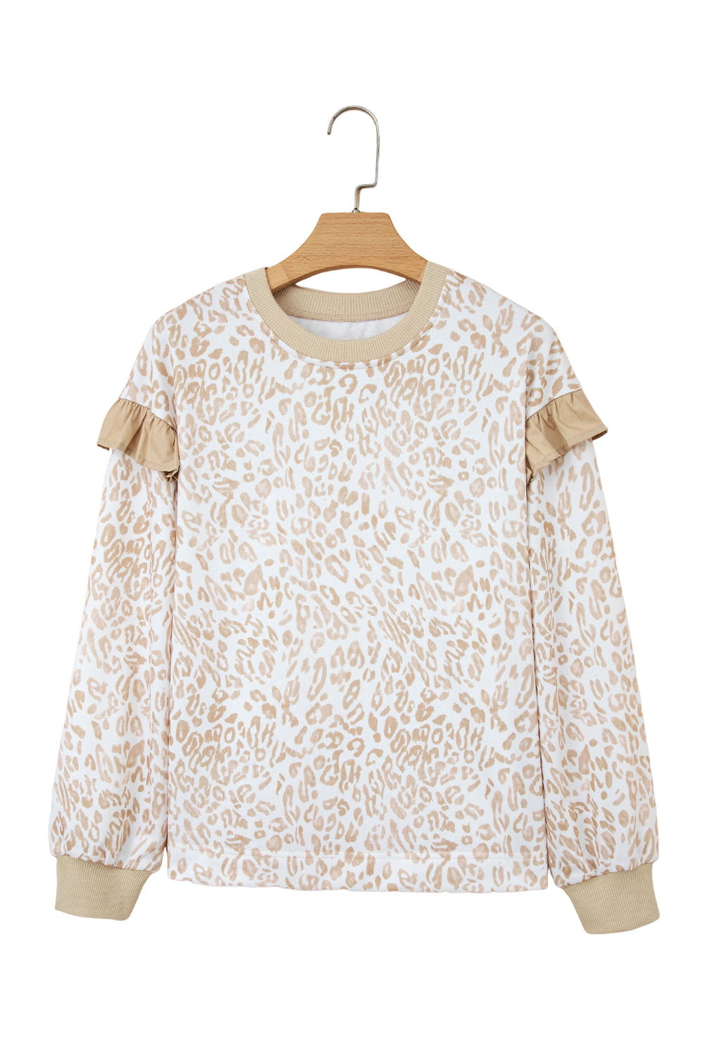 Leopard Ruffle Detail Ribbed Trim Round Neck Sweatshirt