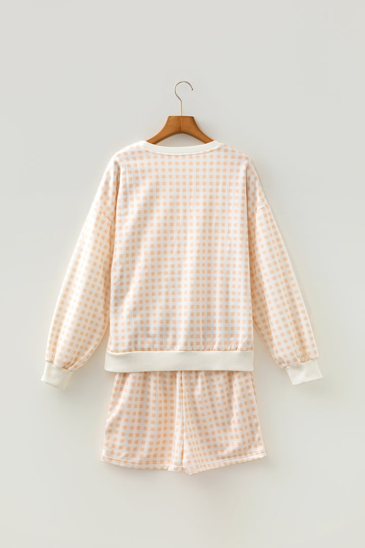 Yellow Plaid Baggy Pullover Drawstring Casual Shorts 2pcs Outfit