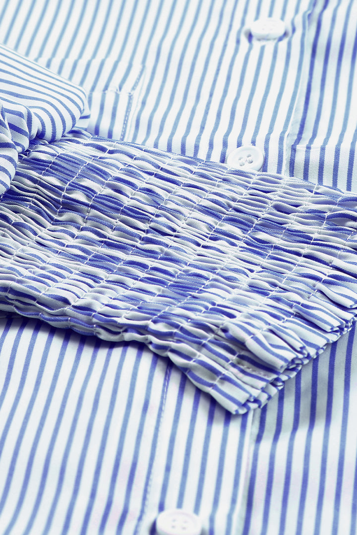 Blue Stripe Smocked Cuffed Striped Boyfriend Shirt with Pocket